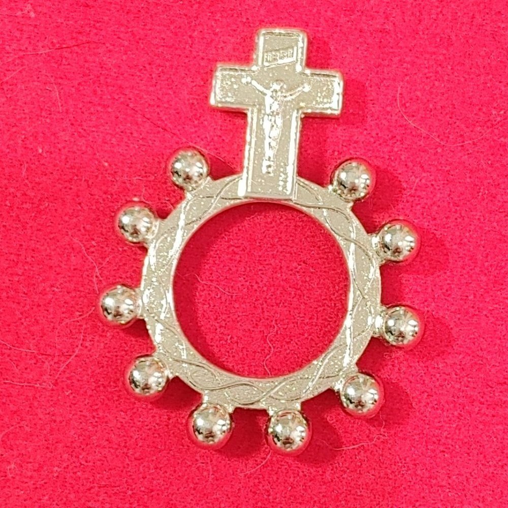 Silvertone Catholic Pocket Finger Ring Rosary